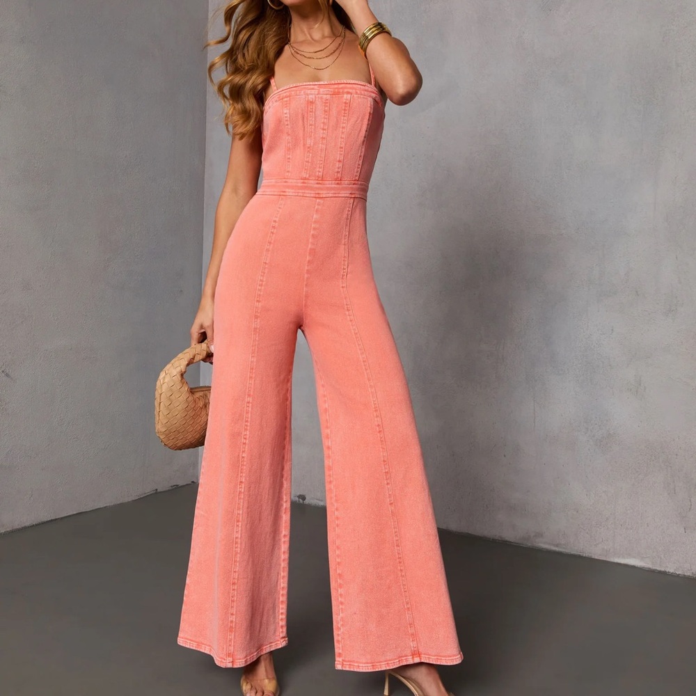 Vici Strapless Wide-Leg Jumpsuit in Coral